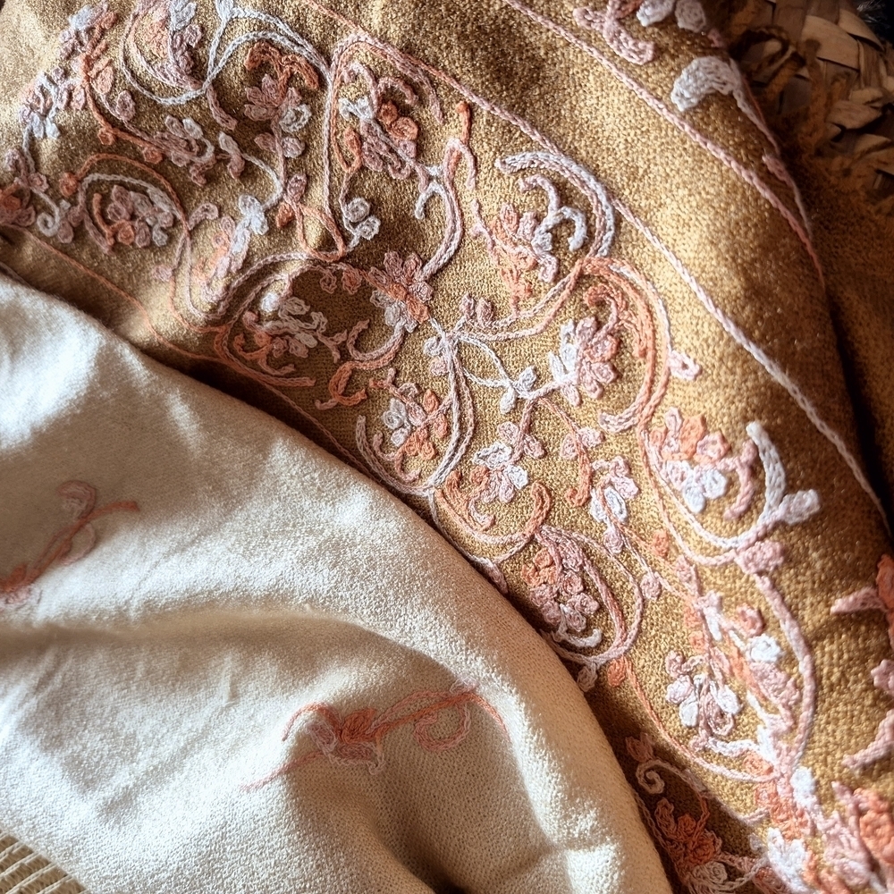 Warm Rich  Tan Pashmina with Pastel Pinks Embroidery 70% Pashmina 30%silk - Picture 10 of 12
